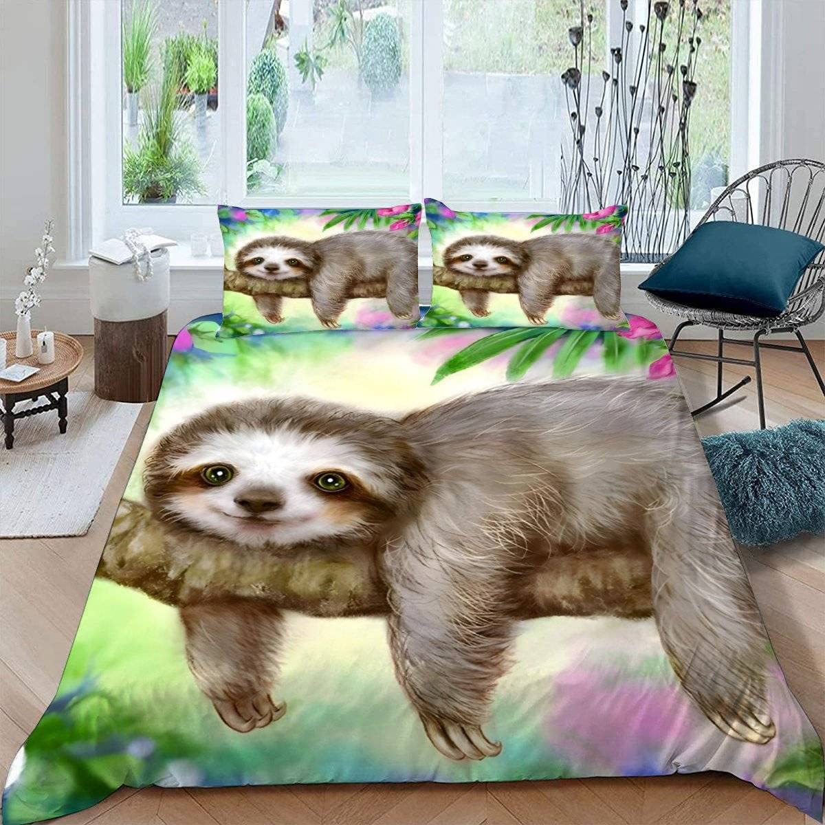 ALABOW Kawaii Sloth Bed Linen Set 135 x 200 cm 2-Piece with Zip Soft and Comfortable Sleeping Comfort Microfibre Duvet Cover Flowers Children's Bed Linen with Pillowcase 80 x 80 cm