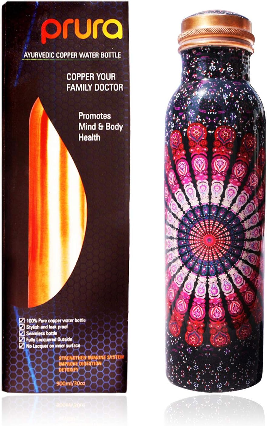 Prura Pure Printed Copper Water Bottle - Leak Proof Ayurvedic Drinkware Copper Vessel for Sports, Gym, Outdoors, Yoga, Health Benefits (30 oz)
