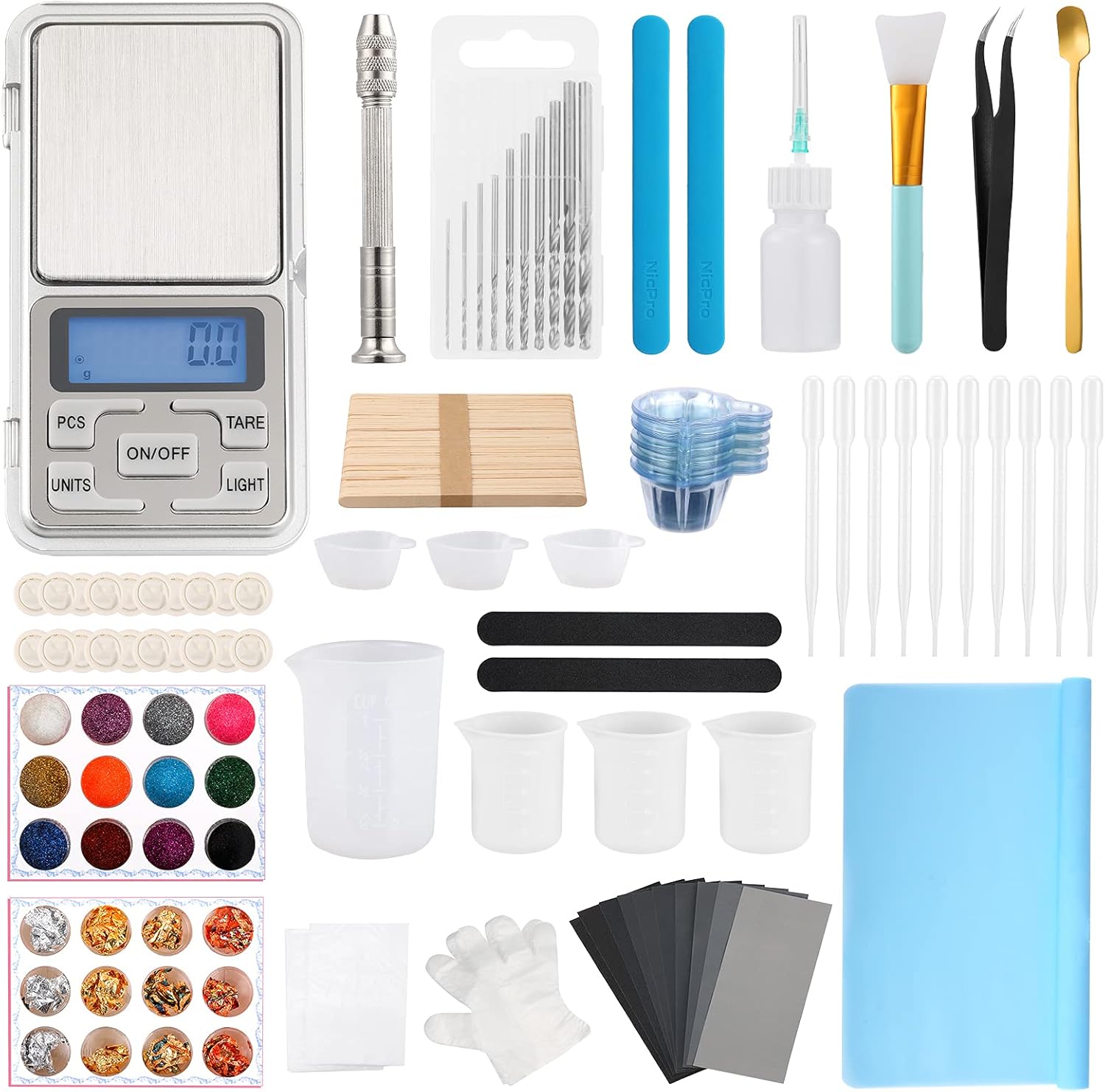 Epoxy Silicone Supplies Tool Set, Resin Measuring Cups with Resin Drill, Pocket Scale, Mixing Stick, Craft Mat, Sandpapers, Gloves for Resin Casting Art DIY, Jewelry Making