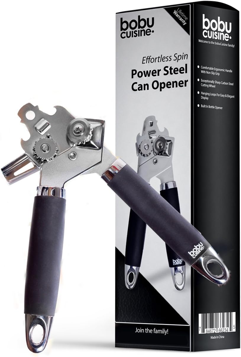 bobuCuisineโs Effortless Spin Power Steel Manual Can Opener - Non Slip Grip - Ergonomic & Comfortable Handle - Built to Last - Stylish & Classy Design
