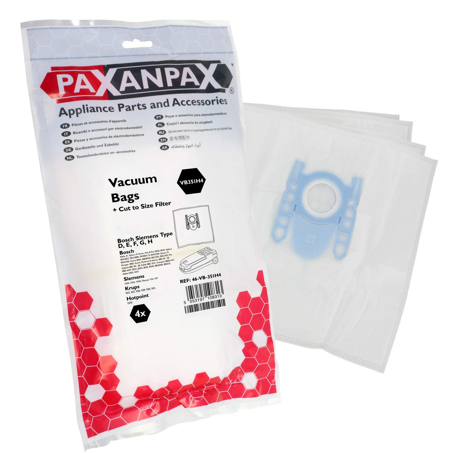 Paxanpax VB351H4 Compatible SMS Bags & Filter Kit Bosch Siemens 'Type D,E,F,G,H' Activa, Alpha, Kids & Fun, Super VS Series (Pack of 4+1)