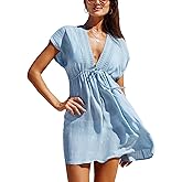 CUPSHE Women's Plunging Coverups Open Back Short Sleeves Swimwear Cover Up Mini Dress 2024