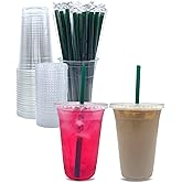 Aatriet 20 oz Clear Plastic Cups with Lids and STRAWS, Disposable Party Cups for To Go Iced Coffee Cold Drinks, Smoothie, Juice, Parfait, Frappuccino, Milkshake. No Leaking Fruit Cup, 25 Sets
