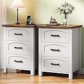 Decofy Farmhouse Nightstand Set of 2 with Charging Station, 18'' Wide Rustic End Table with USB/Type-C Ports, 3 Drawers, Wood Bedside Table for Bedroom, White