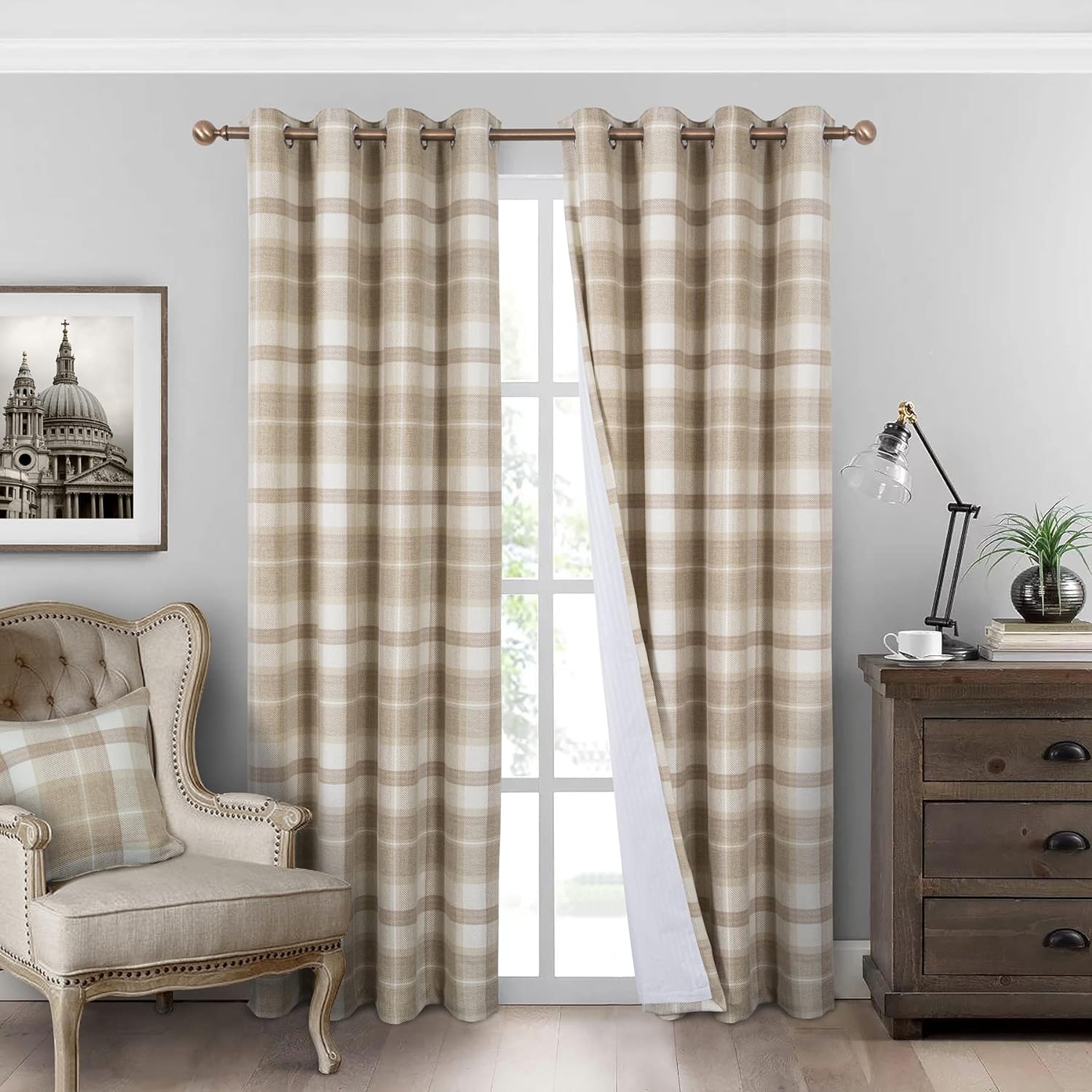always4u 100% Blackout Curtains Check Eyelet Curtain Bedroom Plaid Woven Brushed Cheque Pair of Highland Woolen Look Window Treatment for Living Room Beige 66 * 54 Inches