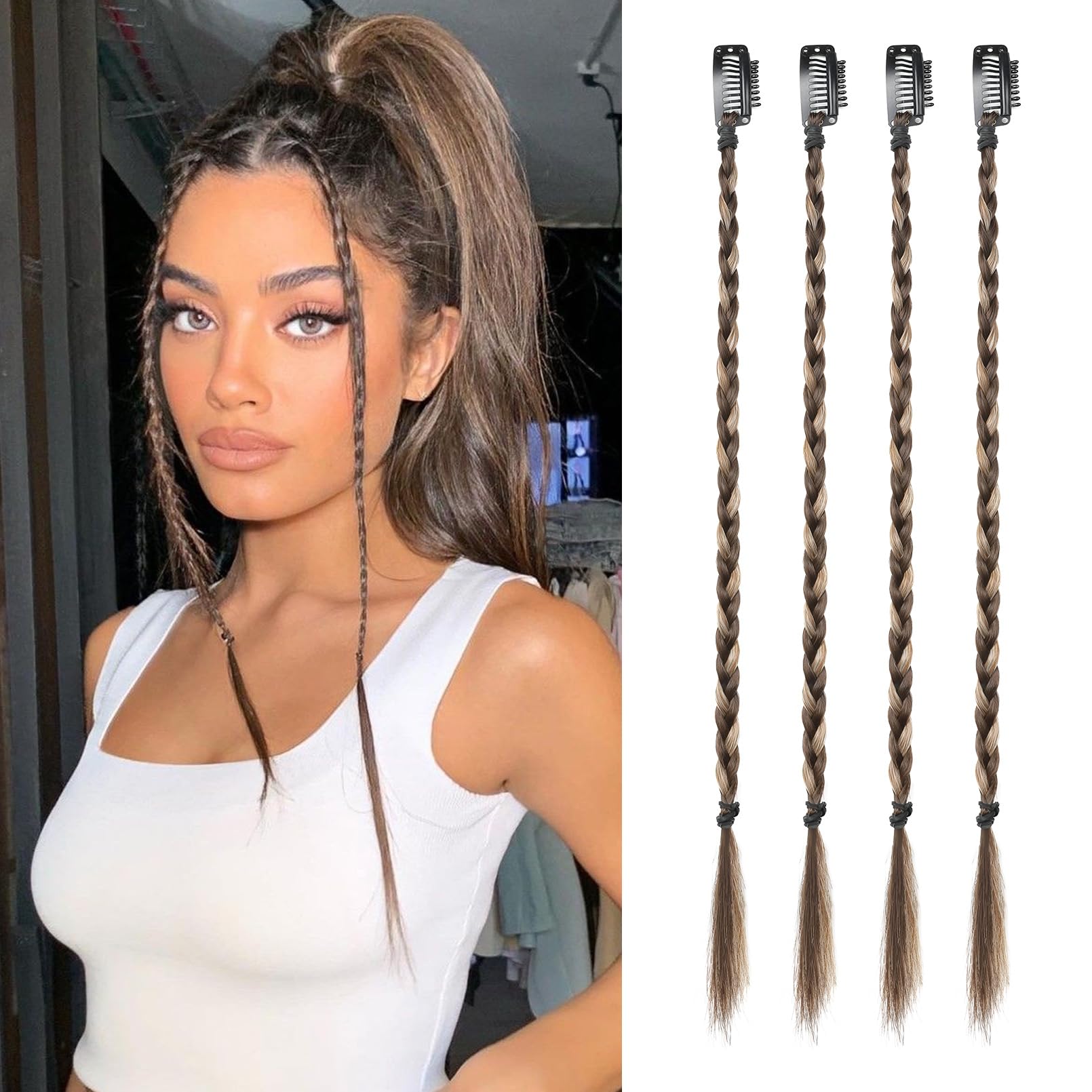 Photo 1 of Flufymooz 4PC Braid in Hair Extension 14 Inch Clip in Braid Extensions for Women Synthetic Hairpieces for Daily Use Party Styling (Deep Brown with Dirty Blonde)