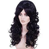 NJJYXH 22 Inches Retro Beehive Black Wigs for Women Long Wavy Wig with Bangs Synthetic Natural Wig for 60s 70s 80s Cosplay,Halloween,Daily Use