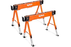 Gyfent Saw Horses 2 Pack, 4400Lbs Load Capacity Saw Horse Folding Heavy Duty Sawhorses 21-34in Adjustable Height Professional Saw Horse with 2x4 Bracket for Woodworking Carpenters Contractors, Orange