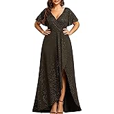 Ever-Pretty Women's Glitter Plus Size Formal Dress V-Neck Short Sleeve Wedding Guest Dresses A line High Low Evening Gowns