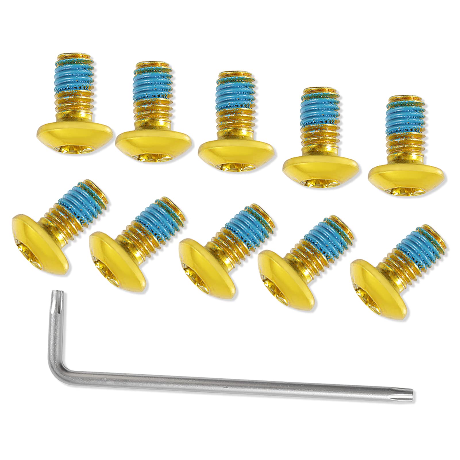 LEONTOOL 12 Pcs Bicycle Disc Brake Bolts M5x10mm MTB Rotor Bolts Gold Bicycle Rotor Screws with 1 Pcs T25 Torx Wrench L for Road Bike Mountain Bike, Yellow Blue