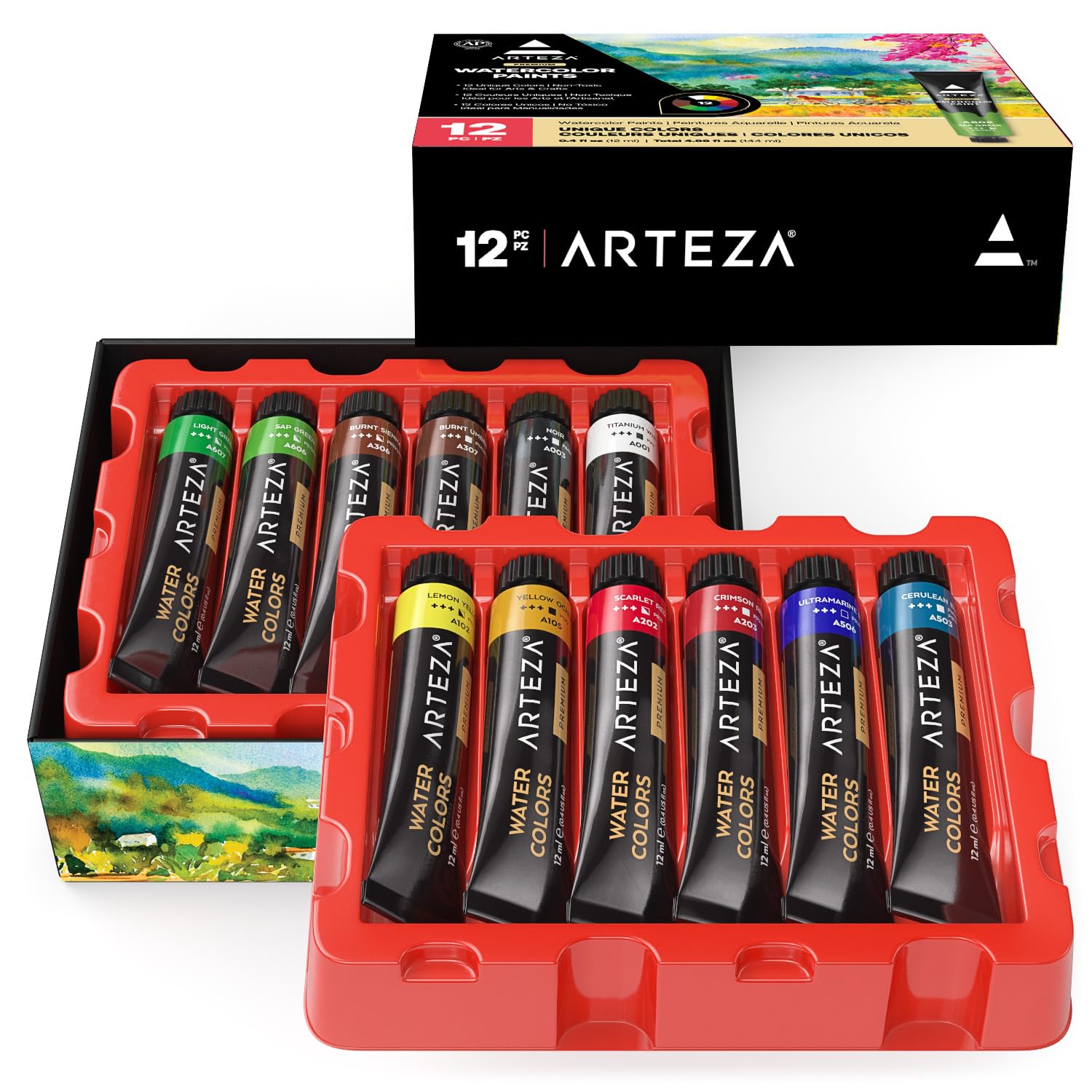 ARTEZA Watercolor Paint, Set of 12 Colors/Tubes, 12 x 12ml/0.4 oz W/Storage Box, Rich Pigments, Vibrant and Non Toxic Paints