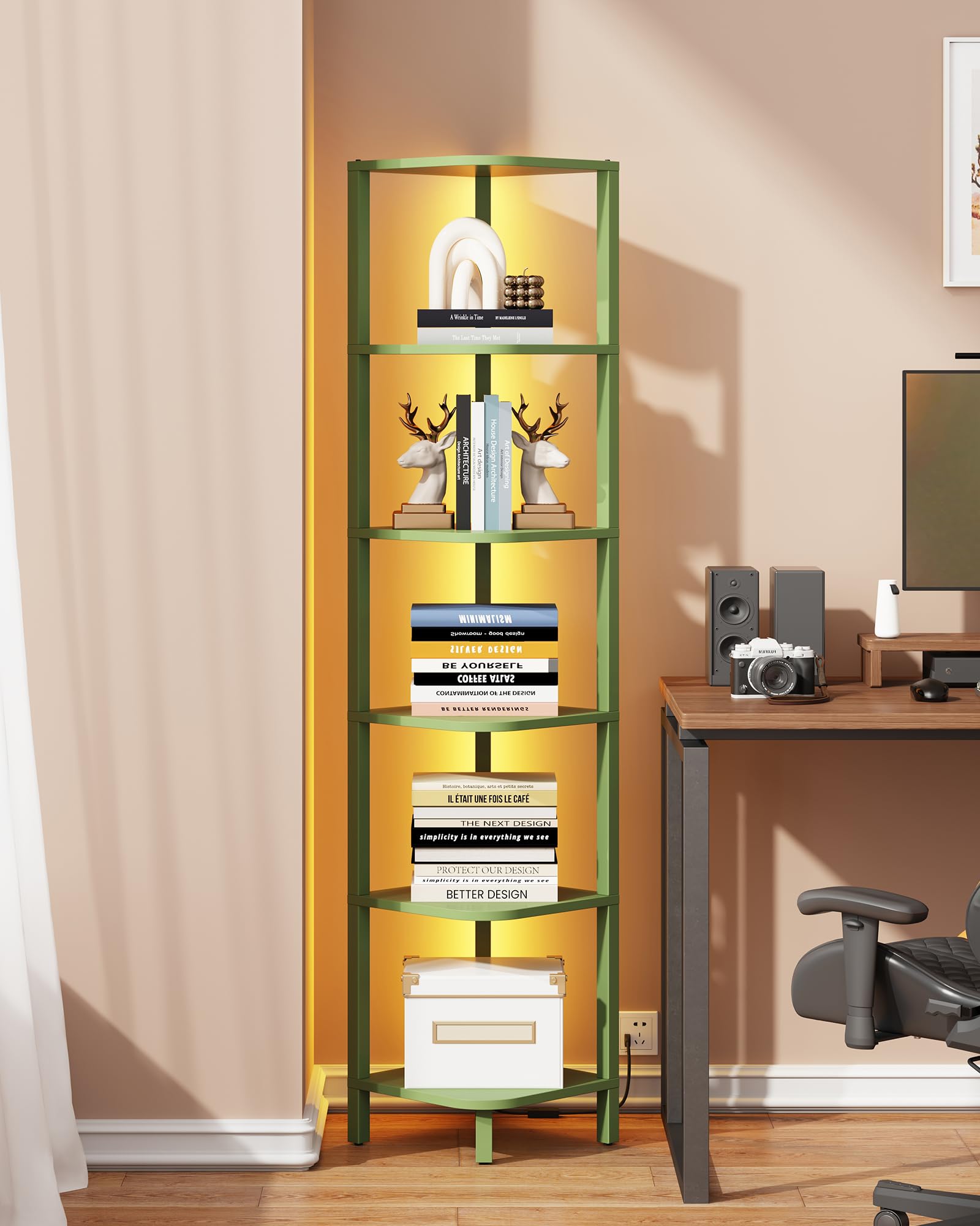 TUTOTAK Corner Shelf with LED Light, 6-Tier Corner Bookshelf for Small Space, Narrow Display Corner Shelf Stand with Storage Rack, for Living Room, Bedroom, Olive Green BS08BOG006L Image