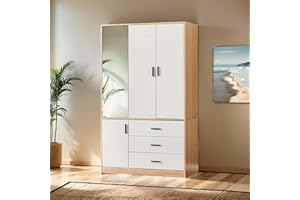 ClassyCabin Mirror Armoire Wardrobe Closet Wood: 3-Door Wood Armoires and Wardrobes with Hanging Rod White Armoire Wardrobe Closet with 3 Drawers Closet Cabinet Armoire for Bedroom
