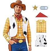 Cowboy Sheriff Costume Men's Plaid Button Down Shirt with Vest Bandana Star Badge Halloween Sheriff Cosplay Outfits