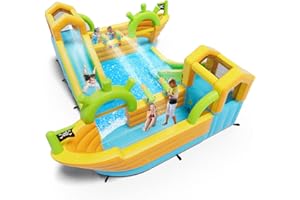 JOYMOR Inflatable Water Slide Park, 2 Pirate-Boat Giant Water Slide Bounce House w/4 Water Cannons, Challenge Climbing Wall, 10-in-1 Water Slides for Kids Backyard Outdoor w/Blower, Up to 6 Kids