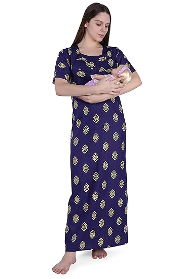 Women's Cotton Feeding Nighty/Maternity Nighty/Nursing Nighty for Post & Pre Pregnancy Wear with Zip - Free Size