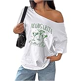 SHENHE Women's Oversized Off The Shoulder Graphic T Shirt Short Sleeve Casual Vintage Tee Top