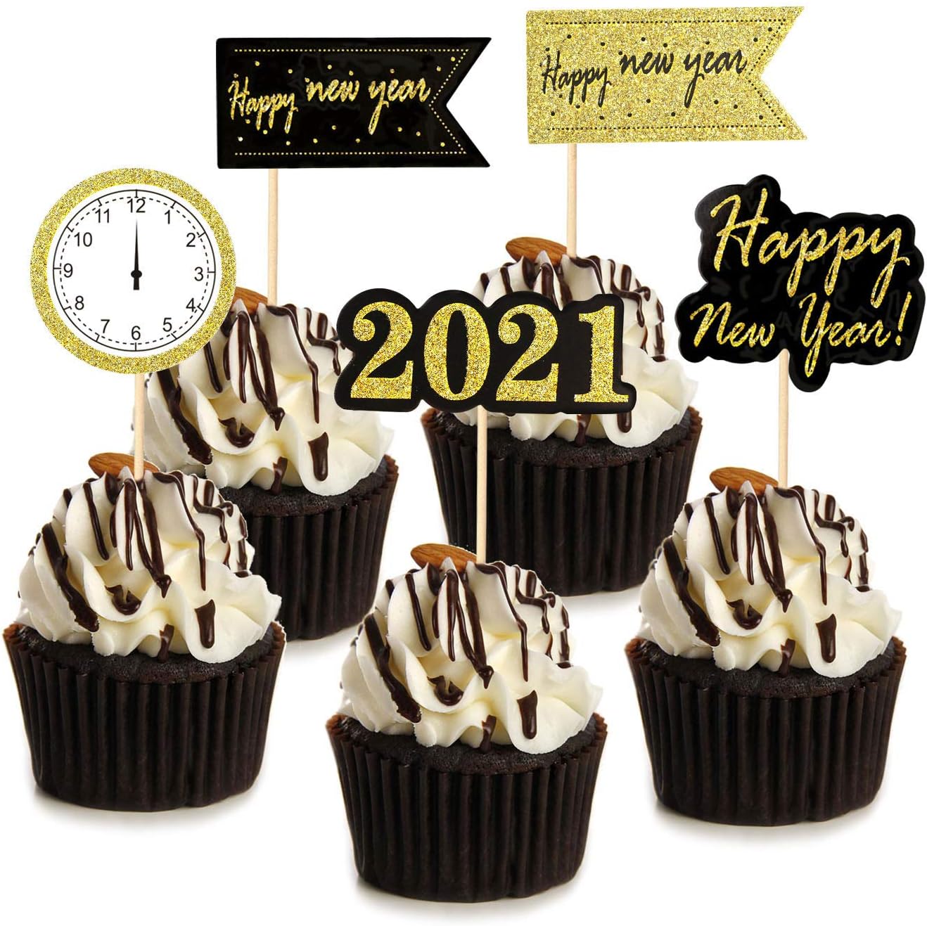 HOWAF 30 Pieces 2026 Happy New Year Cupcake Toppers Picks Muffin Cake Toppers Decorations Happy New Year Table Decorations New Years Eve Decoration 2026