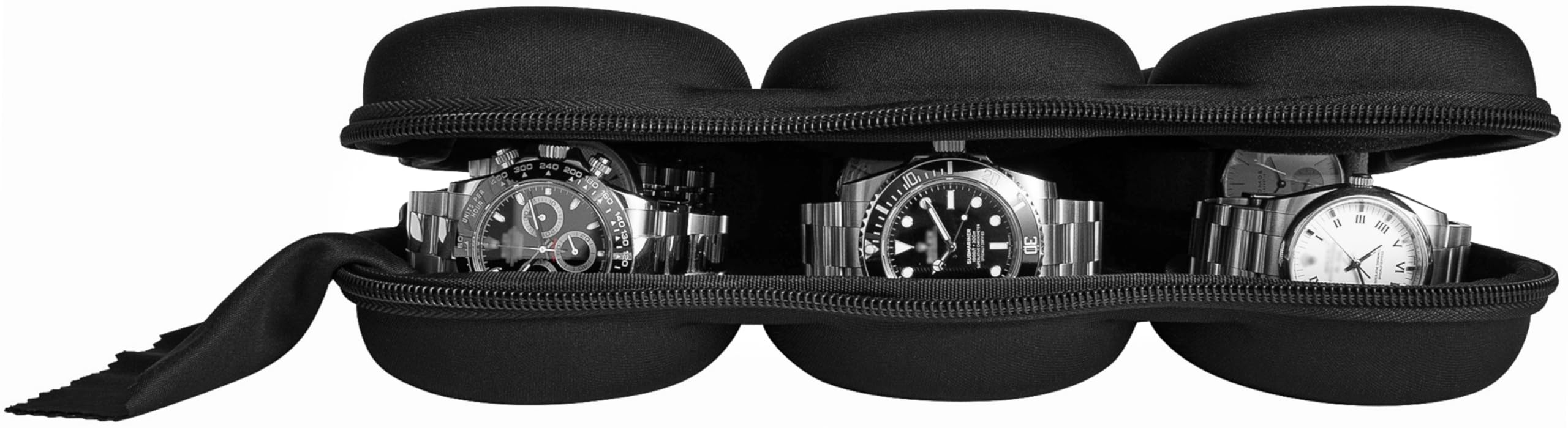 WATCHPOD Six Watch Travel Case Storage Holder Box for 6 Watches | Tough Portable Protection w/Zipper Fits All Wristwatches & Smart Watches Up to 50mm (Black)