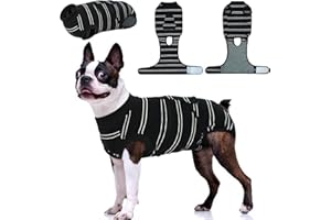 Kuoser Dog Surgery Suit Female Spay, Soft Dog Recovery Suit Male Neuter Anti Licking Dog Onesie E-Collar & Cone Alternative, Breathable Dog Surgical Suit for Surgery Recovery, Black Strips L