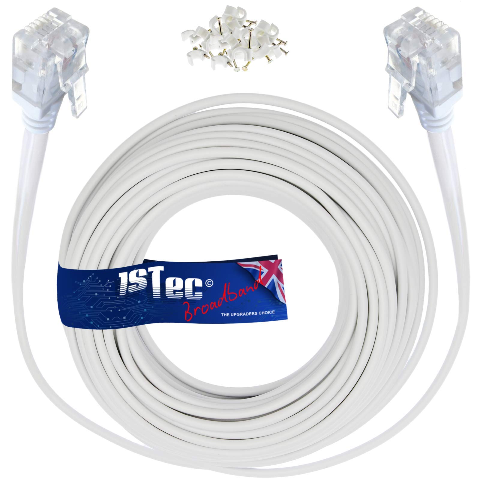 1STec 15M ADSL2+ Super High Speed Cat5e RJ11 Broadband Hub Internet Extension Cable for BT Infinity Sky Q Talktalk Plusnet EE Vodafone Post Office Router on Fibre or Standard Services 15 Metre White — image 1