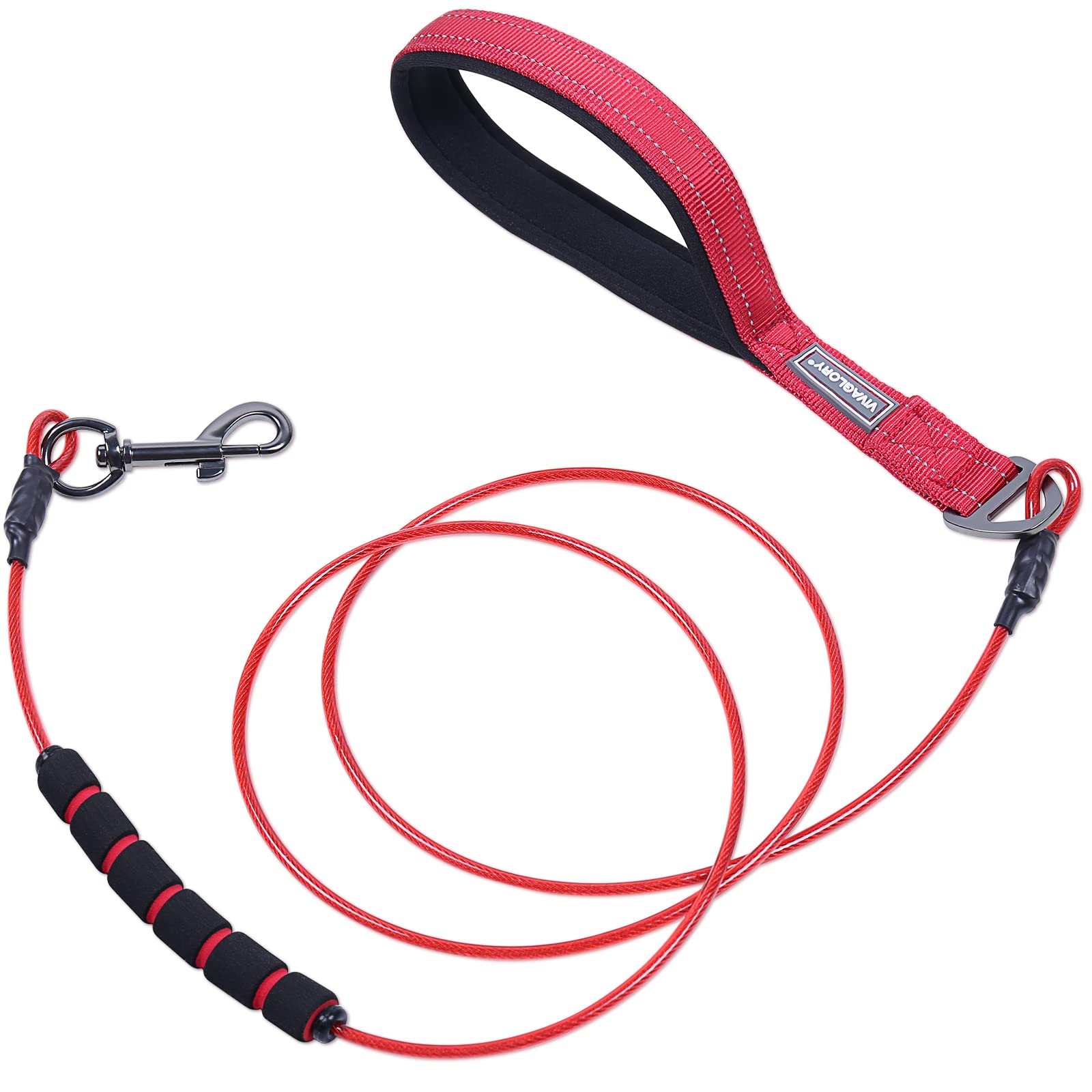 VIVAGLORY Chew Proof Dog Lead Toughbite Anti Chew Dog Lead, Leash with Traffic Handle & Double Handle for Training & Walking, Non Chewable Metal Chain Waterproof for Pet Puppy, 150cm, Red