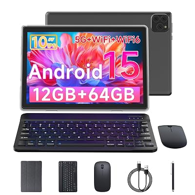 Vyrolinia Tablet Android 15 10 Inch 12GB RAM+64GB ROM/ 2TB Expandable Tablet, 1280 * 800 HD Touch Screen, 5G WiFi6 BT 5.0, 2 in 1 Tablets with Keyboard Case Mouse Stylus (12GB RAM+64GB ROM Black)