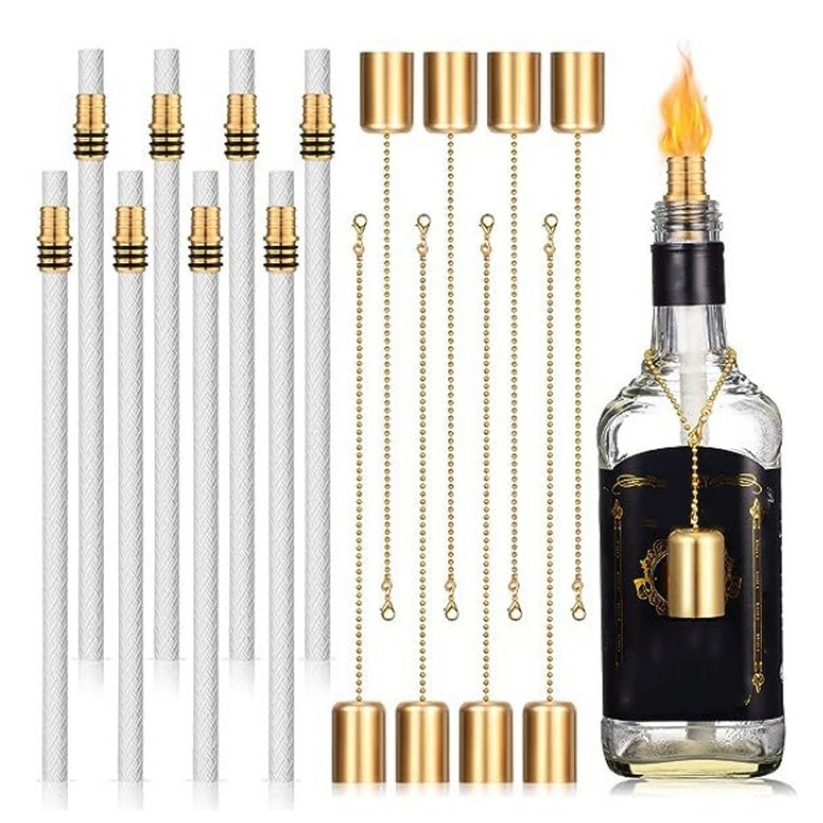 8 Sets Wine Bottle Torch Wicks Kit, 8 Brass Torch Wick Holders with Washers, 8 Replacement Torch Wicks and 8 Copper Caps for DIY Homemade Torch Indoor Outdoor Decor