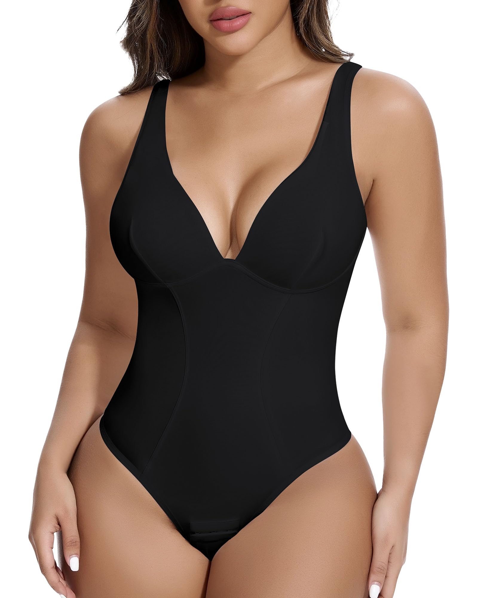 Photo 1 of SHAPERIN Women's Deep V Neck Bodysuit Plunge Double Layer Tummy Control Shapewear Thong Body Suits (Medium,Black)