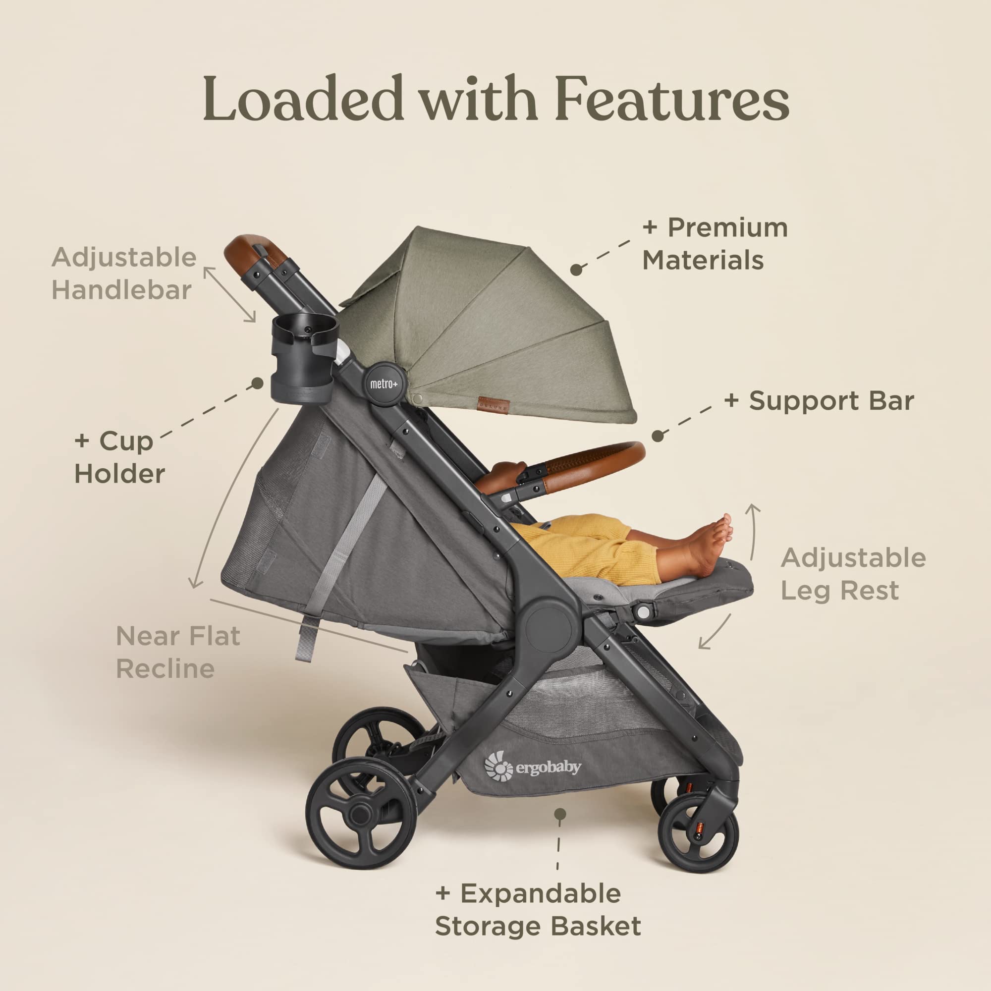 Ergobaby Metro+ Deluxe Compact Baby Stroller, Lightweight Umbrella Stroller Folds Down & Metro+ Compact City Stroller Accessories: Support Bar
