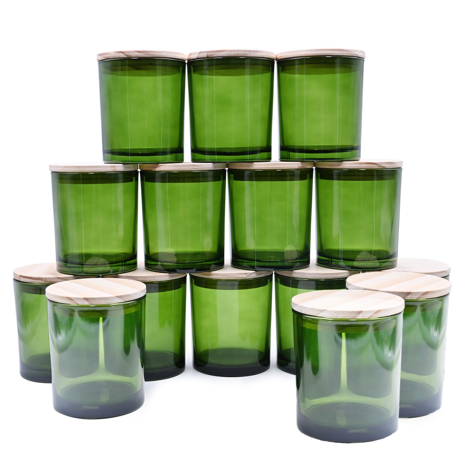 Photo 1 of SHOWIN 10 OZ Thick Candle Jars for Making Candles 15 Pcs, Empty Jars with Wood Lids for Candle Making, Sample Container, Clear Green