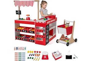Costzon Kids Grocery Store Playset, Wooden Play Store w/Lights & Sound, Shopping Cart, Blackboards & Cash Register, Toddler T