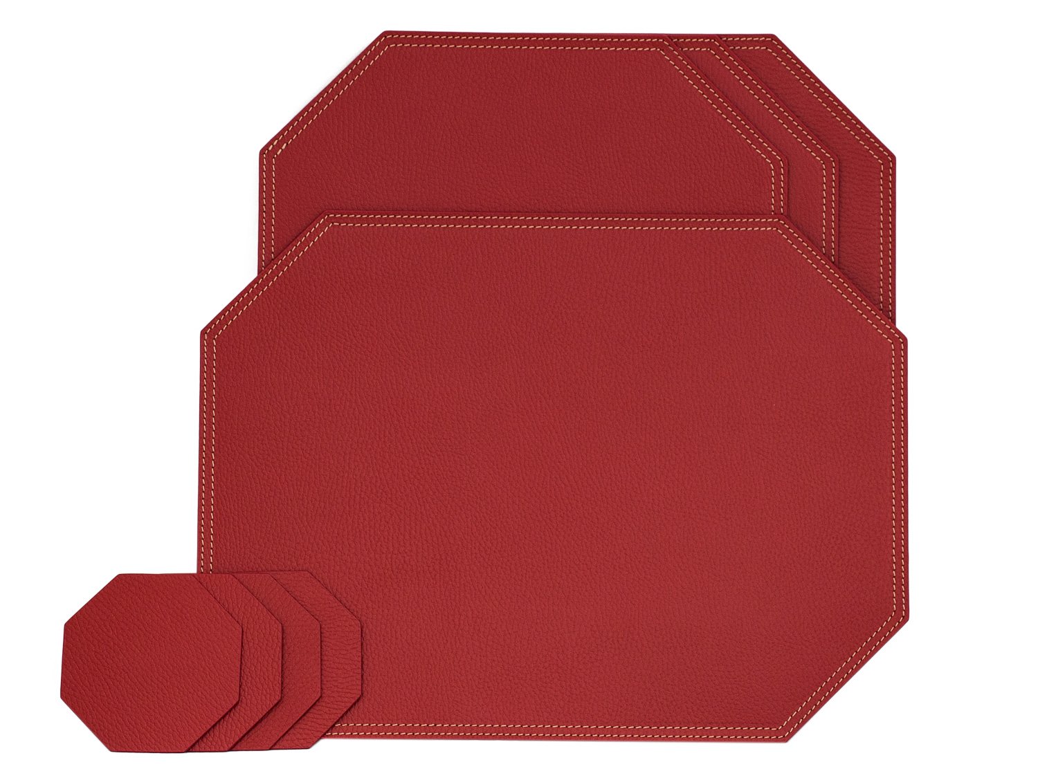 Nikalaz Octagon Placemats and Coasters Set of 4, Recycled Leather Place mats, Table mats, 4 placemats 40 * 30cm, 4 coasters 10 * 10cm (RED)