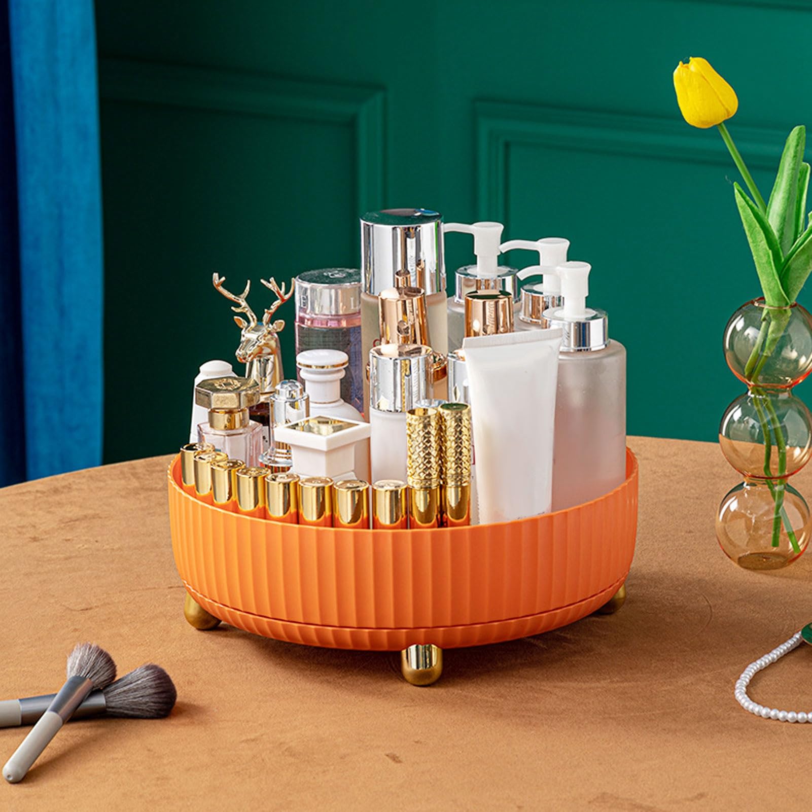 Photo 1 of 22cm/8.7in 360 Degree Rotating Seasoning Storage Rack,PP Plastic Round Cosmetic Organizer,for Kitchen,Dressing Table,Bathroom (Orange)