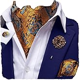 Hi-Tie Silk Ascot for Men Self Tie Men's Cravat and Flower Lapel Pin Handkerchief Cufflinks Set for Wedding Party