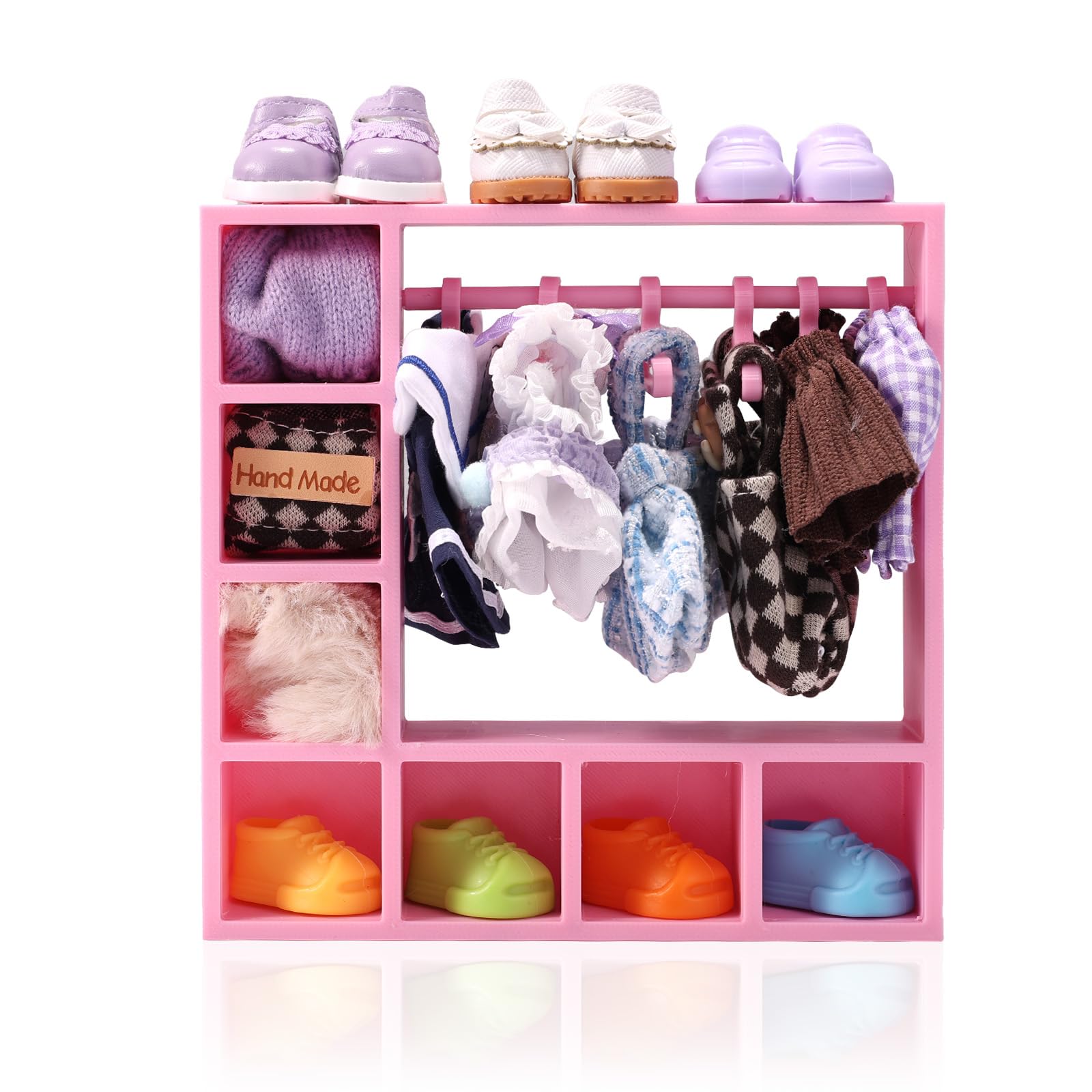 Doll Wardrobe, 6.2x6.2x1.5in Plastic Mini Clothes Closet with 7 Cubes and 10 Hangers Rack for Organizing Storage Clothes Shoes Hats Sunglasses Bags All Kinds of Doll Outfit and Accessories(Pink)