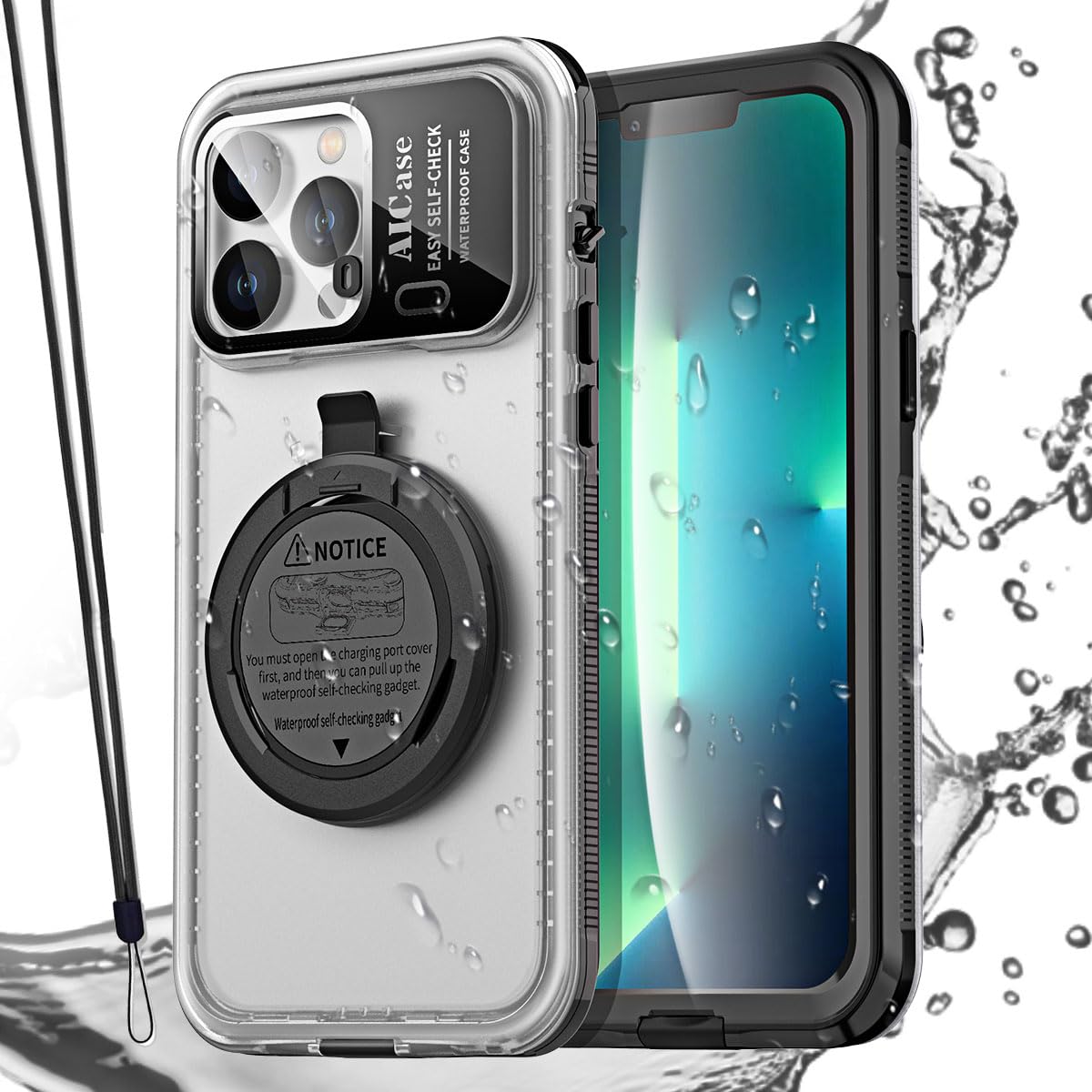 AICase Self-Check Waterproof Phone Case for iPhone 13 Pro Max, Underwater Touchscreen Water Proof Dustproof Snowproof Diving Phone Case Built-in Screen Protector for Shower, Bike, Beach, Snorkeling