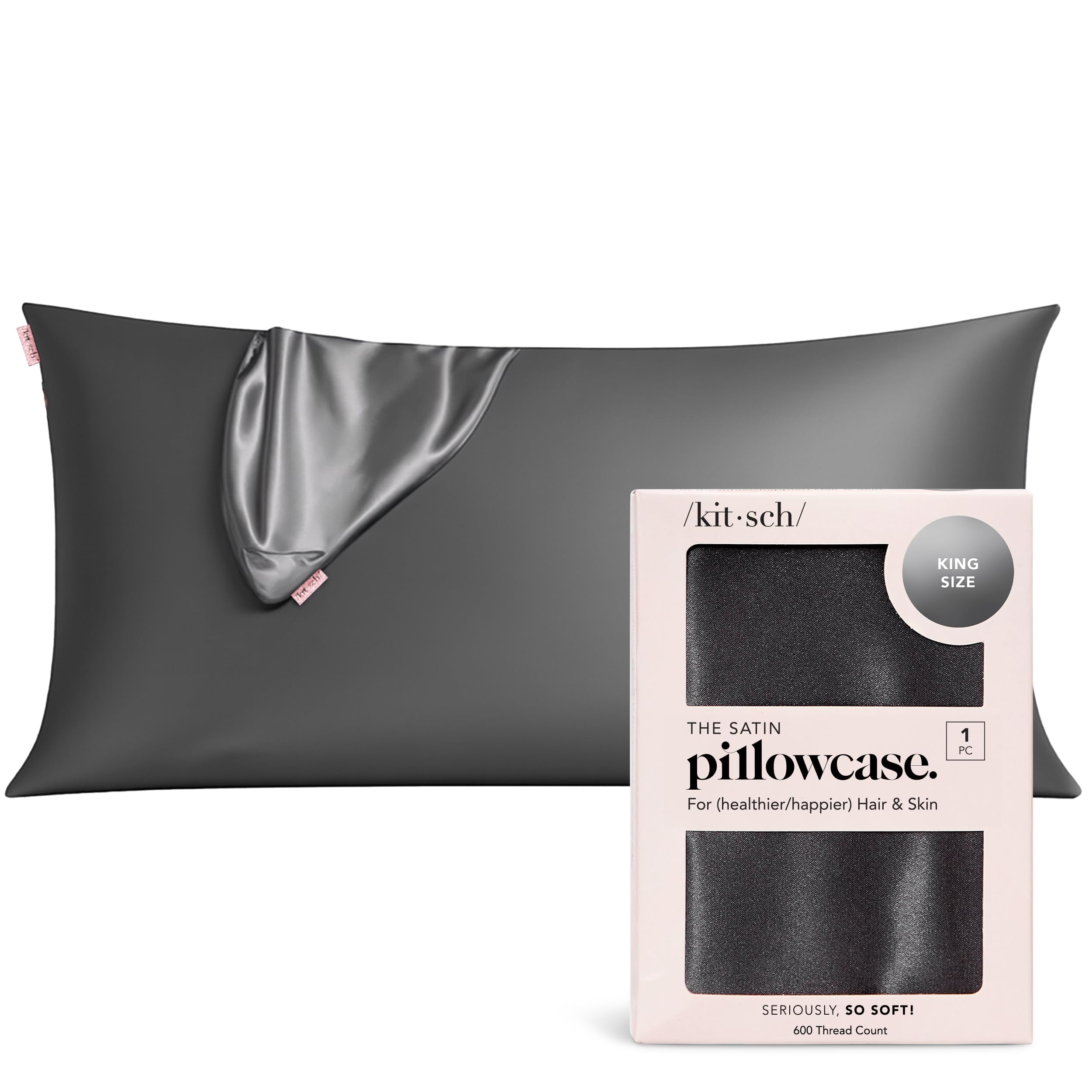 Kitsch Satin Pillowcase with Zipper for Hair & Skin - Softer Than Silk Pillow Cases, Smooth Cooling Satin Pillow Case, Wrinkle-Free, Machine Washable - King Size Satin Pillow Case 48x91 cm, Charcoal — image 1