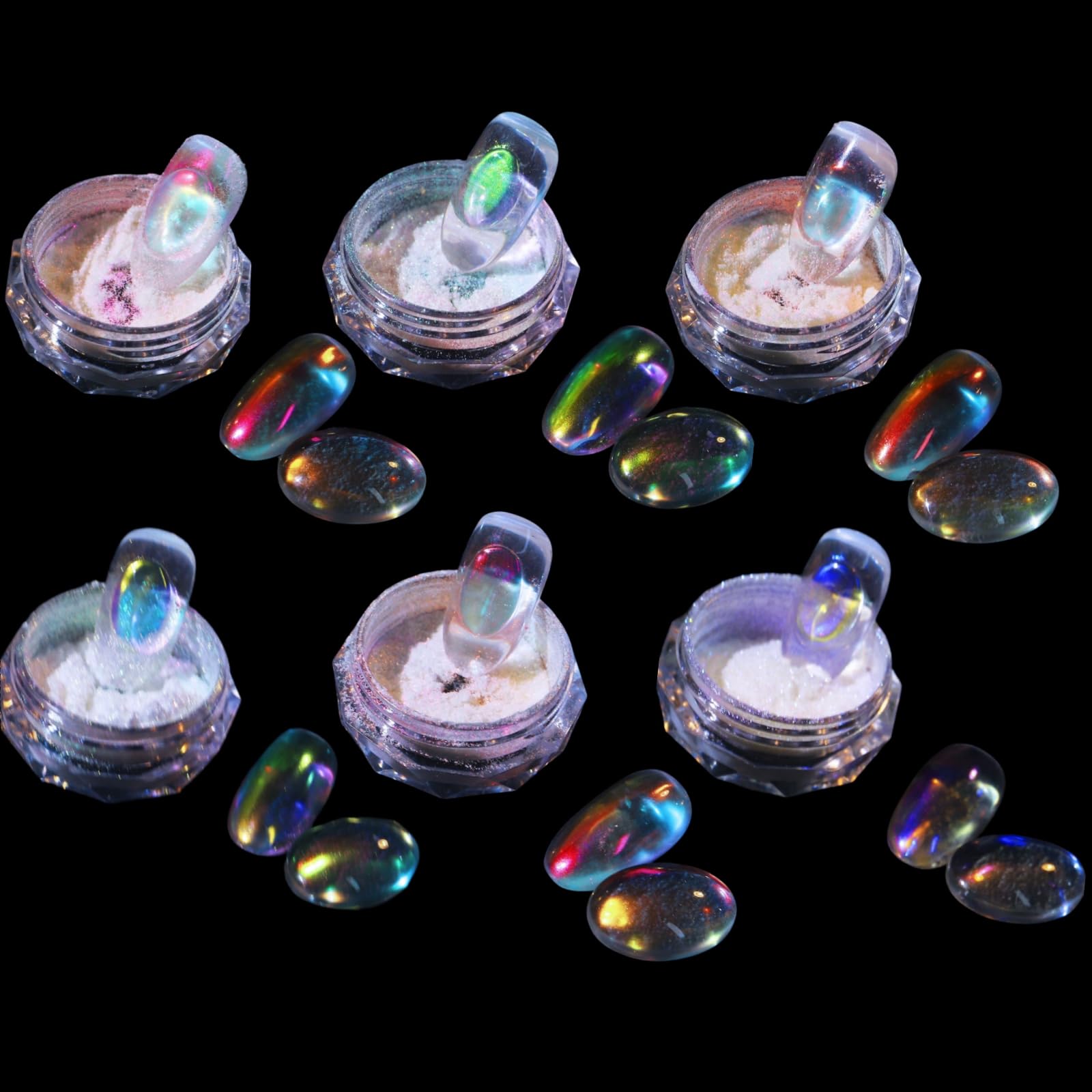 Photo 1 of Ice Transparent Aurora Nail Powder Neon Rainbow Holographic Chameleon Powder Multi Chrome Iridescent Pigment Pearlescent Nail Art Glitters (6 Boxes Transparent)