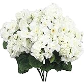 CISDUEO 4 Pcs Artificial Geraniums Silk Flowers Outdoor Artificial Geranium Bush White Faux Flowers Geraniums for Floral Home Decor Outdoor Indoor Garden Patio Grave Cemetary Vase Table Centerpiece