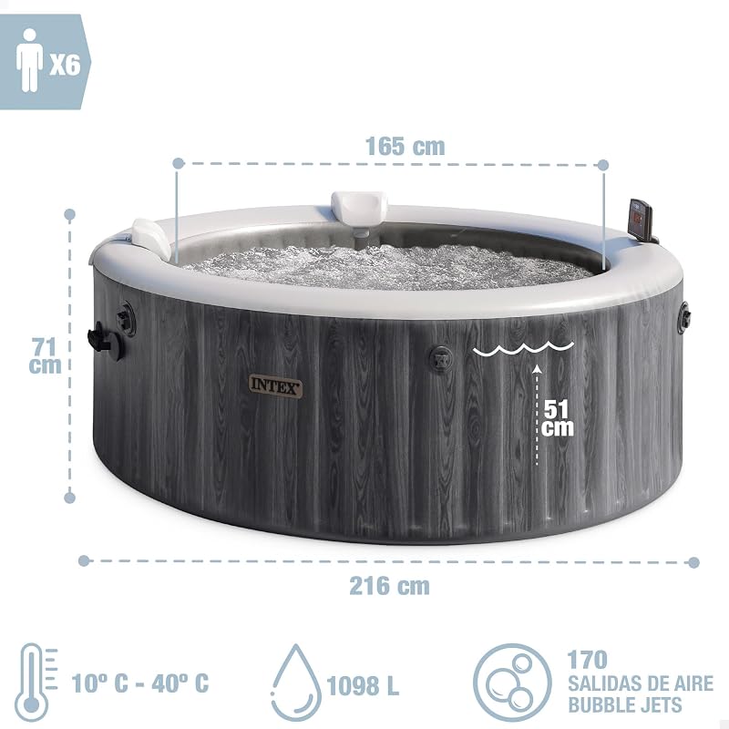 SPA Hinchable Circular Greywood Deluxe, 6 Personas, Ø216x71, Calentador, 170 Salidas Aire, Panel Control inalámbrico App, Depuradora Filtro S2, Accesorios incluidos (55101)