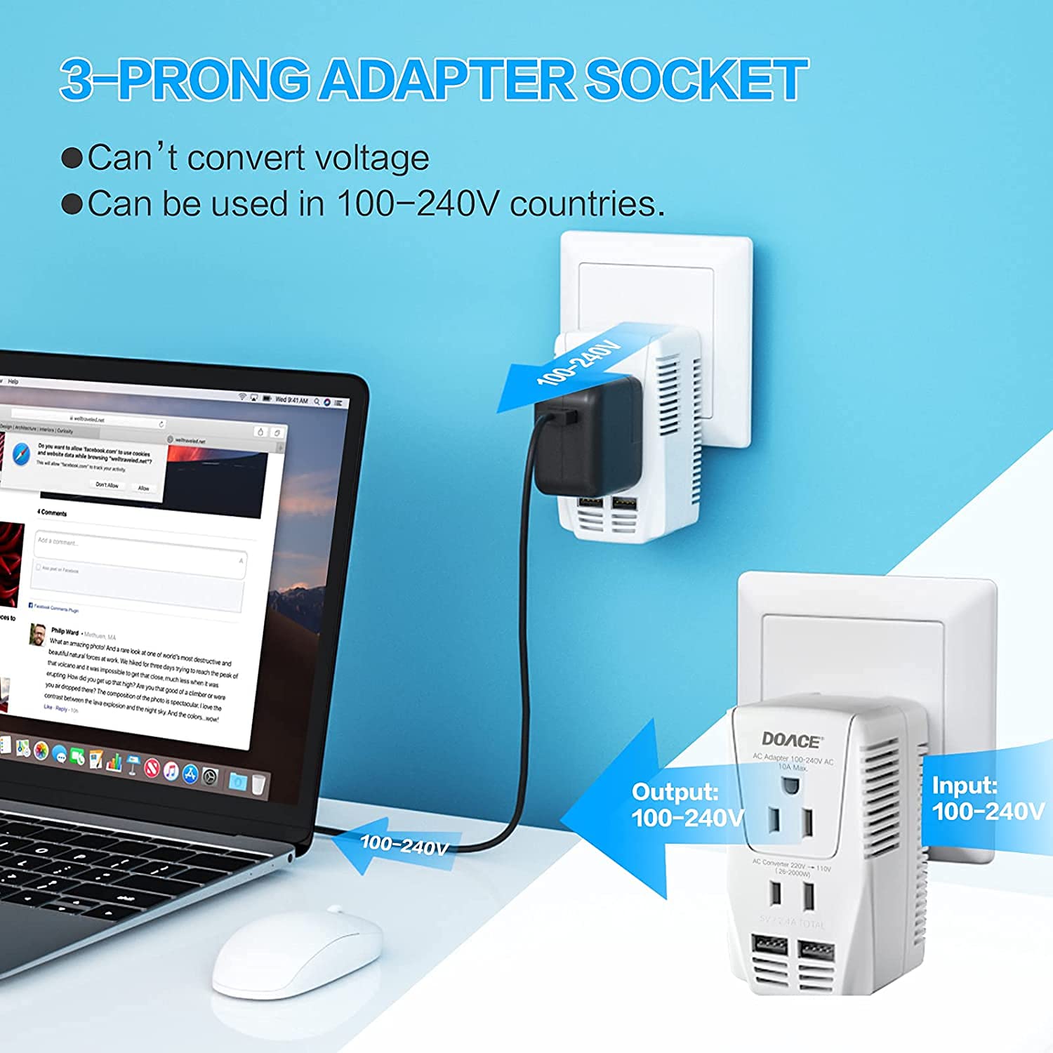 Upgraded 2000W 220V to 110V Converter for European Travel, Voltage Converter US to Europe for Hair Dryer Straightener Curling Iron, 2300W Adapter with EU/UK/AU/US Plugs for Laptop Camera Cell Phone