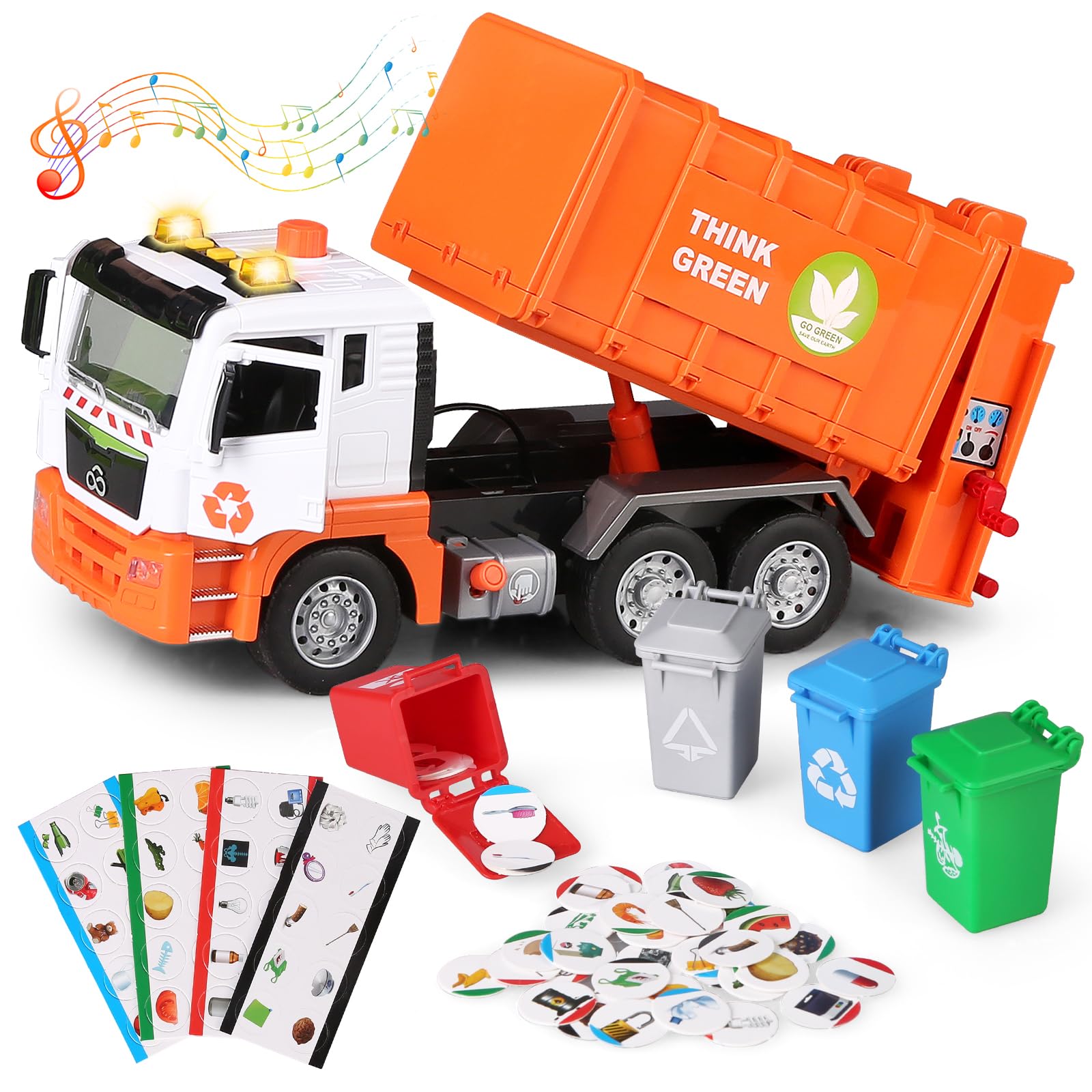 kramow Garbage Truck Toys with Sound and Light,12" Friction-Powered Trash Truck with 4 Trash Bins & Trash Cards, Push and Go, Toy Cars Gifts for Boys Girls Kids 3+ year old, Orange