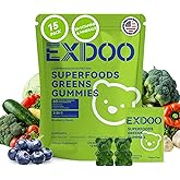 exdoo Super Greens Fiber Gummies Multivitamin Superfood Gummy with Spirulina Chlorella Prebiotic Probiotic Postbiotic for Digestive Health Supplement 15 Packs 120 Gummies