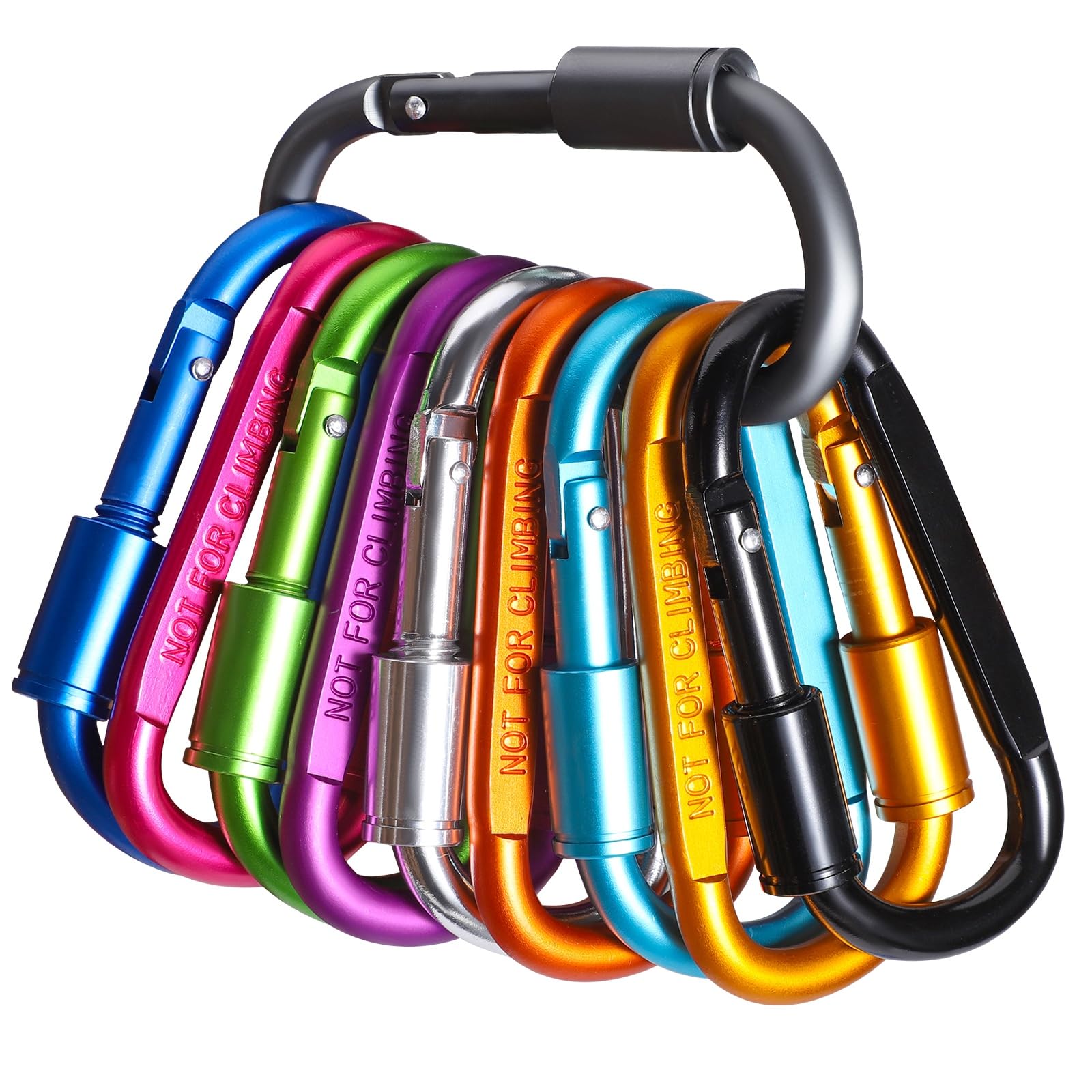Pack of 10 Carabiner Clip, Caribeana Clips with Screw Lock Aluminium Carabiner Clip Large for Backpack Camping Hiking Fishing Traveling (10 Colours)