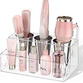 NIUBEE Acrylic Hair Tool Organizer,Hair Dryer Holder Countertop with 3 Cups | Clear, Hot Tools Organizer, Hair Blow Dryer Organizer for Curling Iron, Brush, Straightener, Makeup,Skincare,Vanity, Bathroom