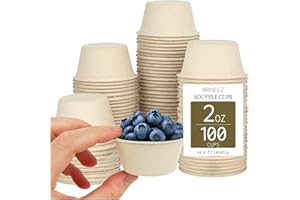 brheez 2 oz - Pack of 100 Disposable Bagasse Fiber Souffle Cups , 100% Natural, Biodegradable & Compostable Perfect for Condiments Small Portion & Samples Eco Friendly Paper Alternative - Natural