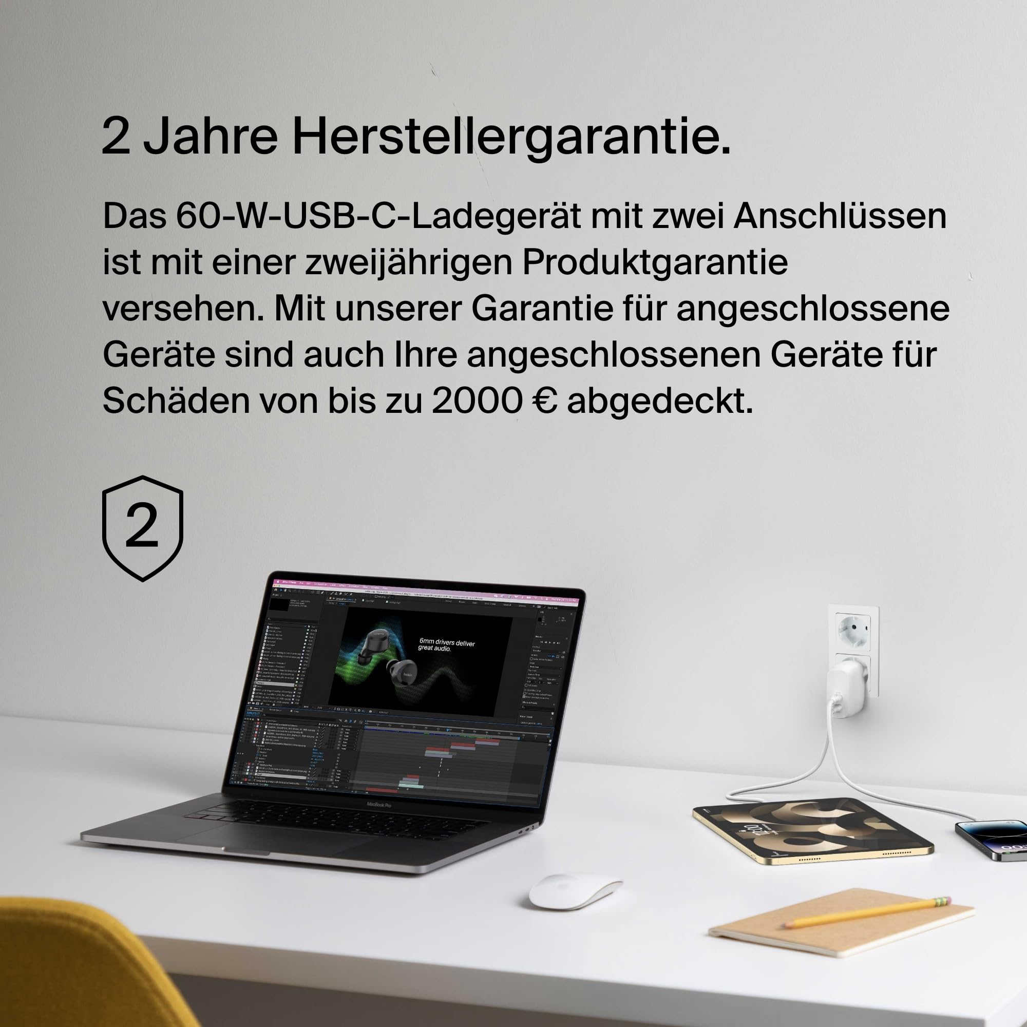 Belkin BoostCharge USB-C PD-Ladegerät mit 2 Anschlüssen und PPS, 60 W für Apple iPhone 17/16/15, iPad, Samsung Galaxy, Google Pixel, kompatibel mit USB-C/Lightning-Kabel und USB-C/USB-C-Kabel – Weiß 6