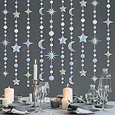 4 Pack Multi Iridescent Party Garland Star&Moon Holographic Party Supplies Kit Iridescent Circle Dot Shiny Streamers Birthday Wedding Hanging Decor DIY Backdrop Bridal Bachelorette Ramadan EID Decor