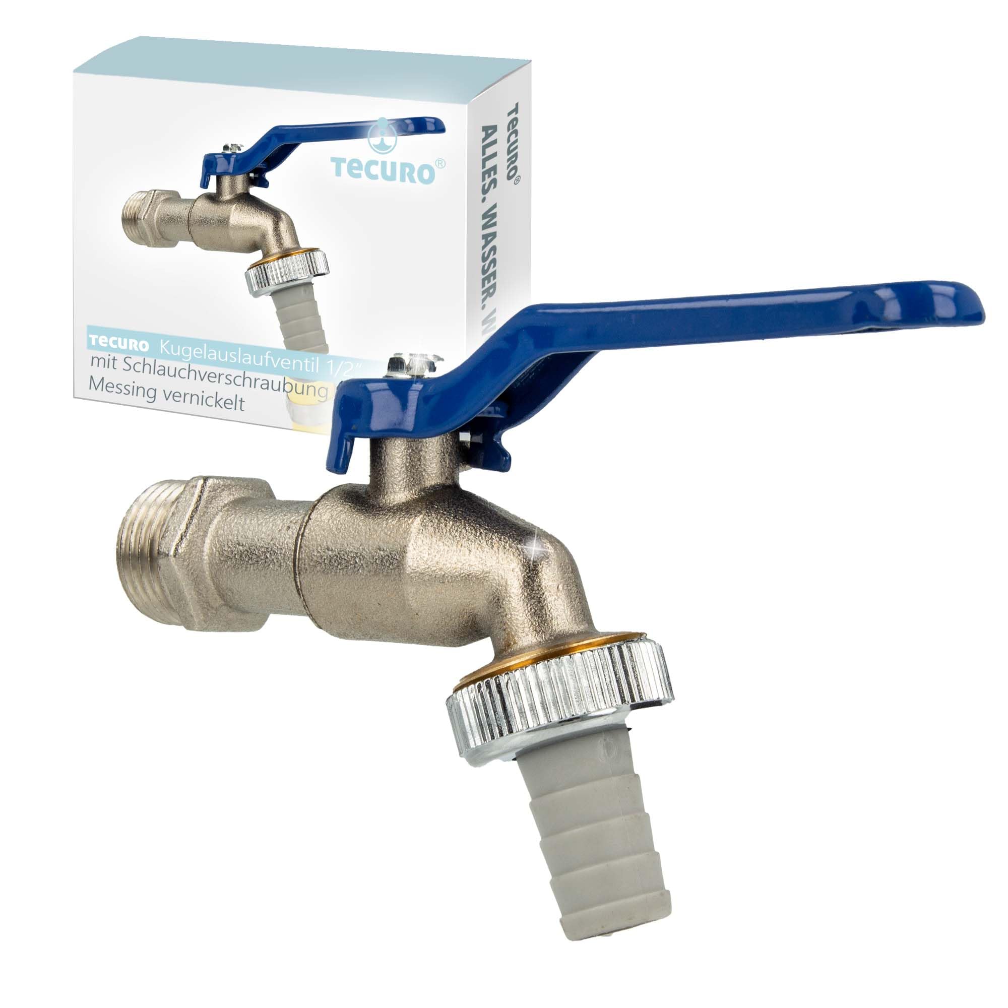 tecuro Ball Outlet Valve Steel Lever Blue 1/2 Inch Chrome-Plated Matt Wall Connection with Male Thread for Hose Fitting